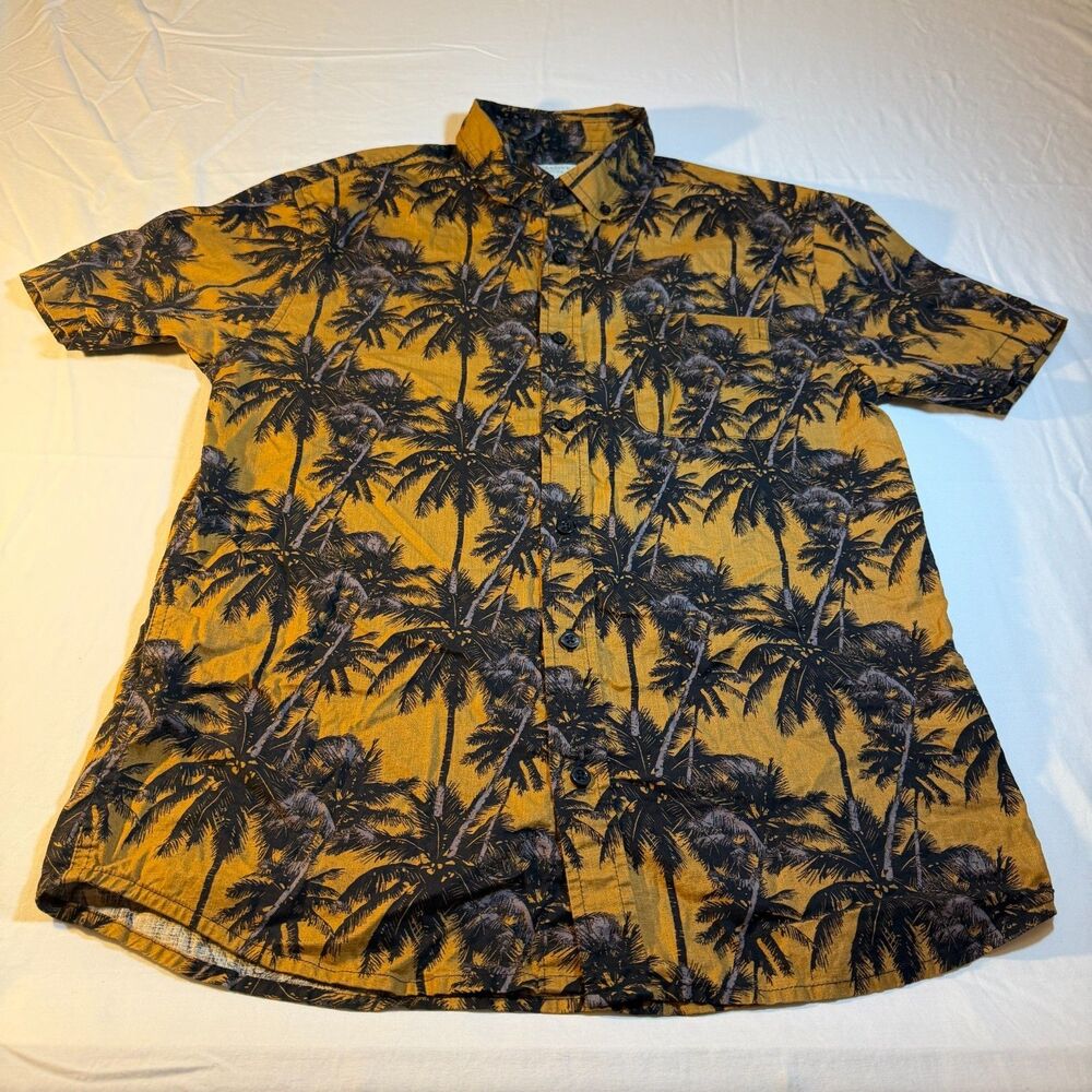 Massive Luxury Sz S Palm Tree Button Up Men Mustard Cotton Blend Casual Hawaiian
